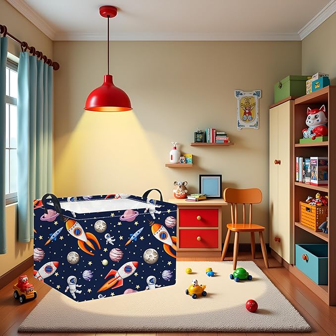 TIBAOLOVER Rectangular Baby Kids Storage Basket Boys for Home Kitchen Girls Cute Storage Bin Organizer Shelf Book Room Decor(Blue Spaceships)