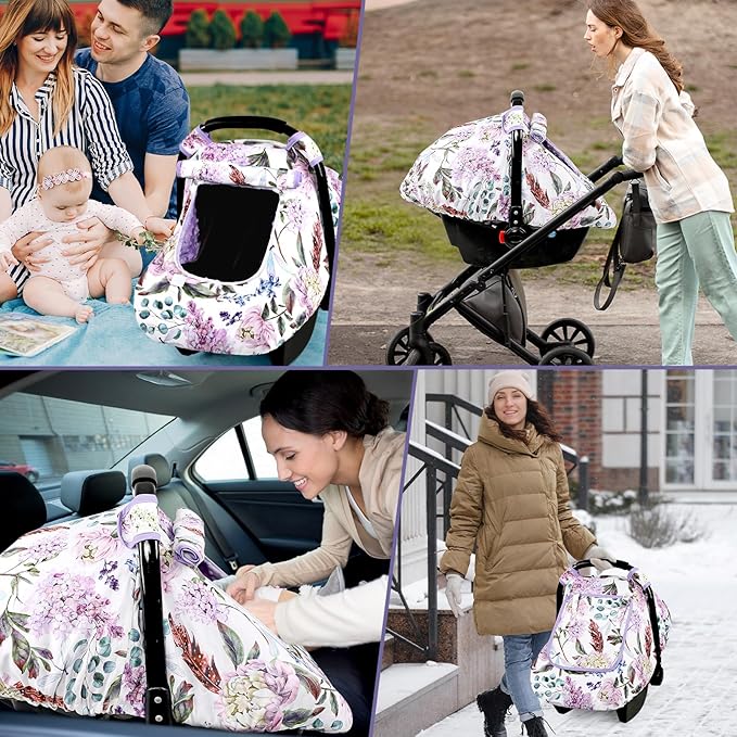 Car Seat Cover Baby, HNHUAMING Infant Car Seat Covers Canopy for Baby Girl Boy, Cozy & Windproof Newborn Carseat Covers Minky Dot Backing Stroller Cover with Breathable Mesh Window, Purple Floral