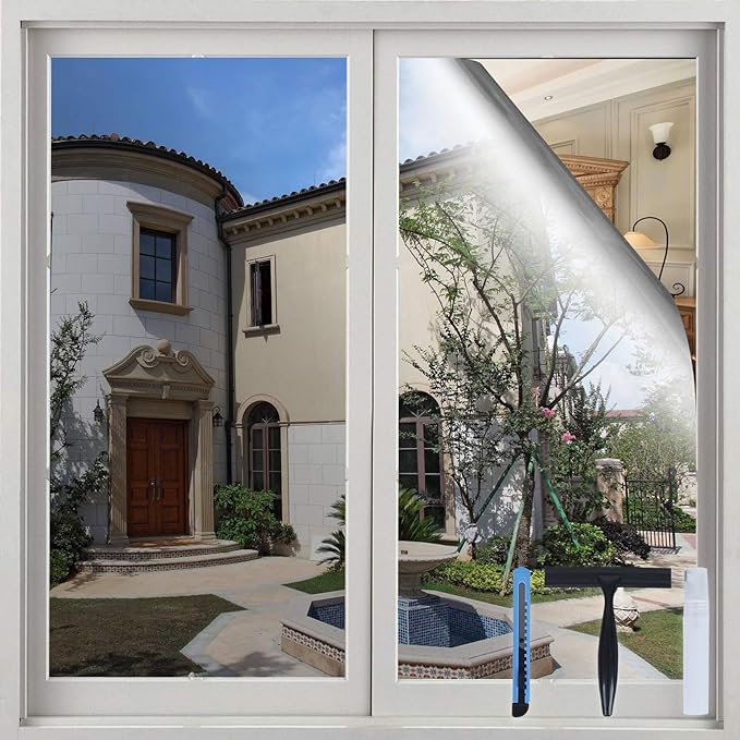 Volcanics One Way Window Privacy Film with Installation Tools 29.5 x 118 Inches, Sun Blocking Window Tinting Film for Home Heat Control Mirror Tint Film Static Cling, Silver