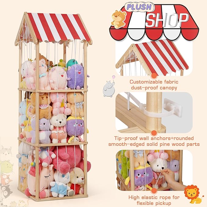 Edudif Stuffed Animal Storage, Space Saving Vertical Stuffed Animal Holder Wood, Easy Assembly Cottage-Style Plush Toys Organizer for Kids Bedroom & Playroom (Wood, Large)
