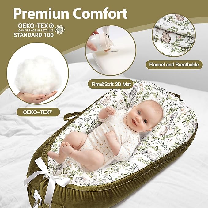 Baby Lounger-Breathable and Soft Organic 100% Cotton, Portable Infant Lounger with Removable Lounger Cover, Baby Nest Lounger for Newborn - Green Rabbit