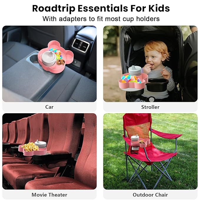 Car Seat Tray - Convert Cup Holder to a Tray for Snacks, Toys, 360 Rotatable for Kids Travel, Anywhere with Cup Holder (Pink)