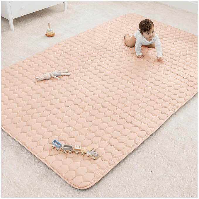 Comfy Cubs Rectangle Kids Play Mat - Large 60 x 96 inches Soft Quilted Baby Floor Mat with Non-Slip Bottom - Plush Design for Toddlers' Playtime- Comfortable and Durable - Blush