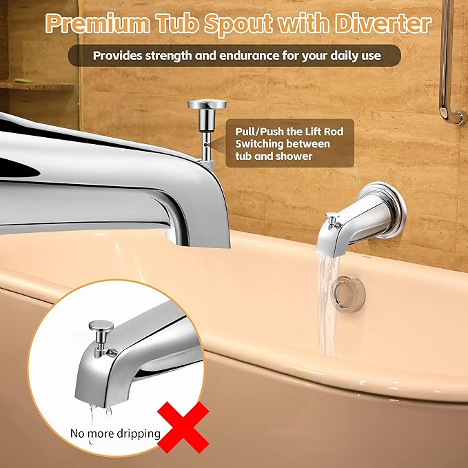 Dreyoo Tub Spout (Universal Fits 1/2" Copper Pipe, 1/2" IPS and 3/4" IPS), Bathroom Bathtub Faucet with Adapters and Hex Wrench (Chrome,Simple)