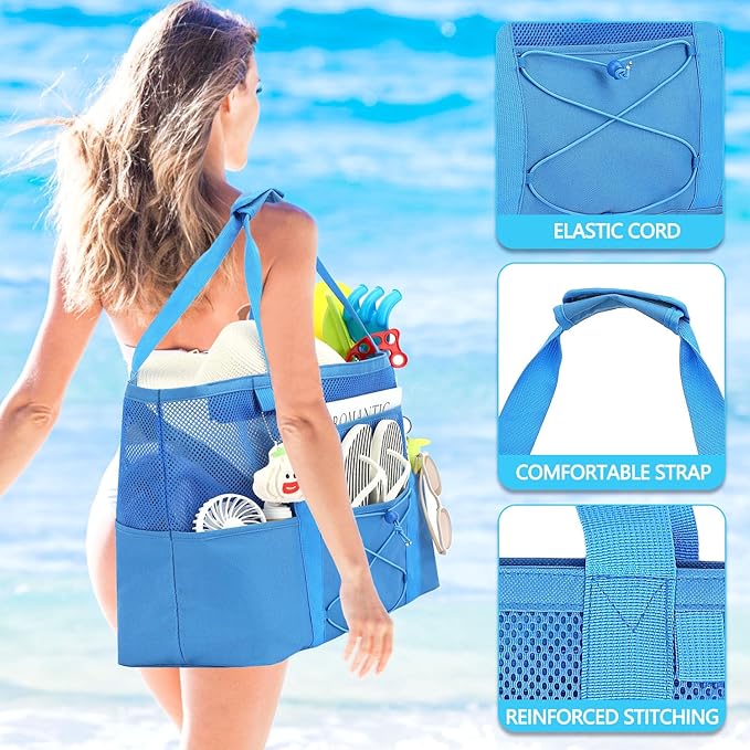 Mesh Beach Bag, Large Beach Tote with Zipper Pocket for Family Pool Bag for Toys & Vacation Essentials