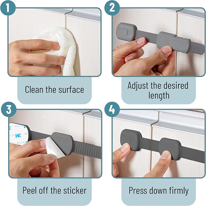 Bates- Child Safety Strap Locks, 6 Pack, Gray, Baby Cabinet Locks
