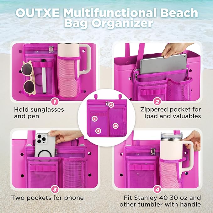 OUTXE Organizer Holder for Bogg Simple Modern Bag Accessories, Cup Phone Holder compatible with Stanley, Univesal Storage Mesh Divider Organizing Insert Pouch for Medium Bog Beach Rubber Tote