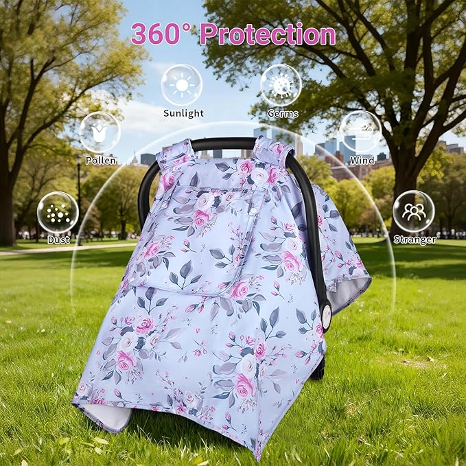 Car Seat Cover Baby, Carseat Covers Baby with 2 Layers Breathable Windows, Windproof Infant Car Seat Cover, Kick-Proof Baby Carrier Cover for Baby Girl Newborn Essentials