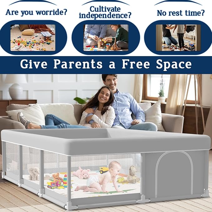 74x50 Inch Baby Playpen with Mat, Playpen with Cute Mat for Babies and Toddlers Play Pen Playards Safety Gate Fence Active Center Indoor