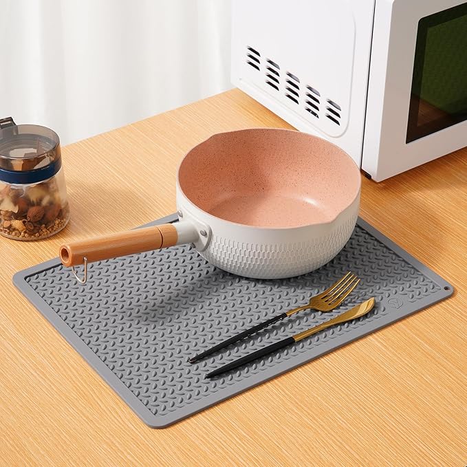 Silicone Drying Mat & Heat Resistant Mat for Kitchen Counter, Non-Slip Dishwasher Safe, Raised Edge for Dishes Bottles Sink (25.5x17.7in, Gery)
