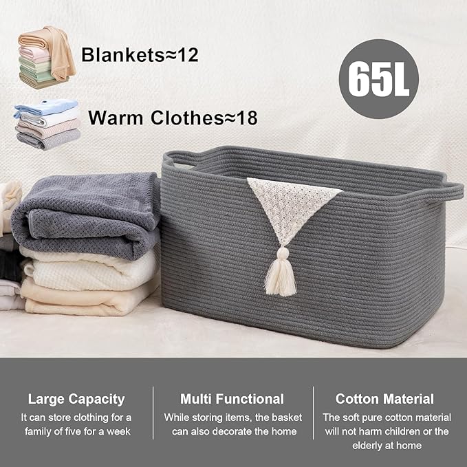 SIXDOVE 65L Large Storage Basket, Cotton Rope Woven Blanket Basket, Toy Storage for Baby Room, Living Room, Dark Grey