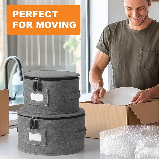 Kukikan China Storage Containers, 4PCS Hard Shell Dish Storage Containers with Felt Dividers for Charger Plates Dinnerware, Moving Boxes for Dishes, Stackable Plate Storage Cases for 12 Place Setting