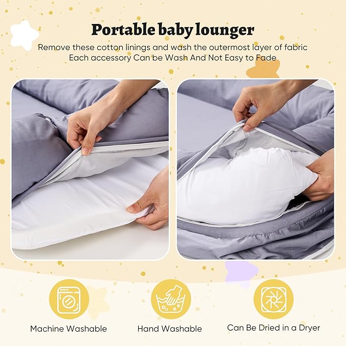 Miereirl Baby Lounger for Newborn, Dock A Tot & Baby Lounger Pillow with Soft Cotton, Infant Lounger for 0-24 Months, Baby Nest Lounger, Essentials Gifts Nest Cover - Grey
