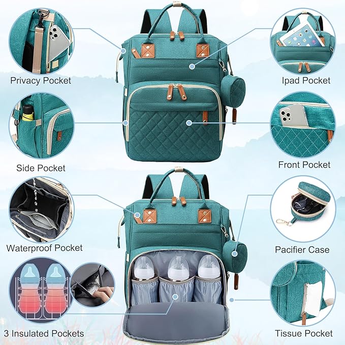 SHITIESHOU Diaper Bag Backpack Baby Bag, Baby Girl Boy Diaper Bag for Dad Mom with Pad, 16 Pockets, Pacifier Case, Large Diaper Bags Unisex for Travel (Green)