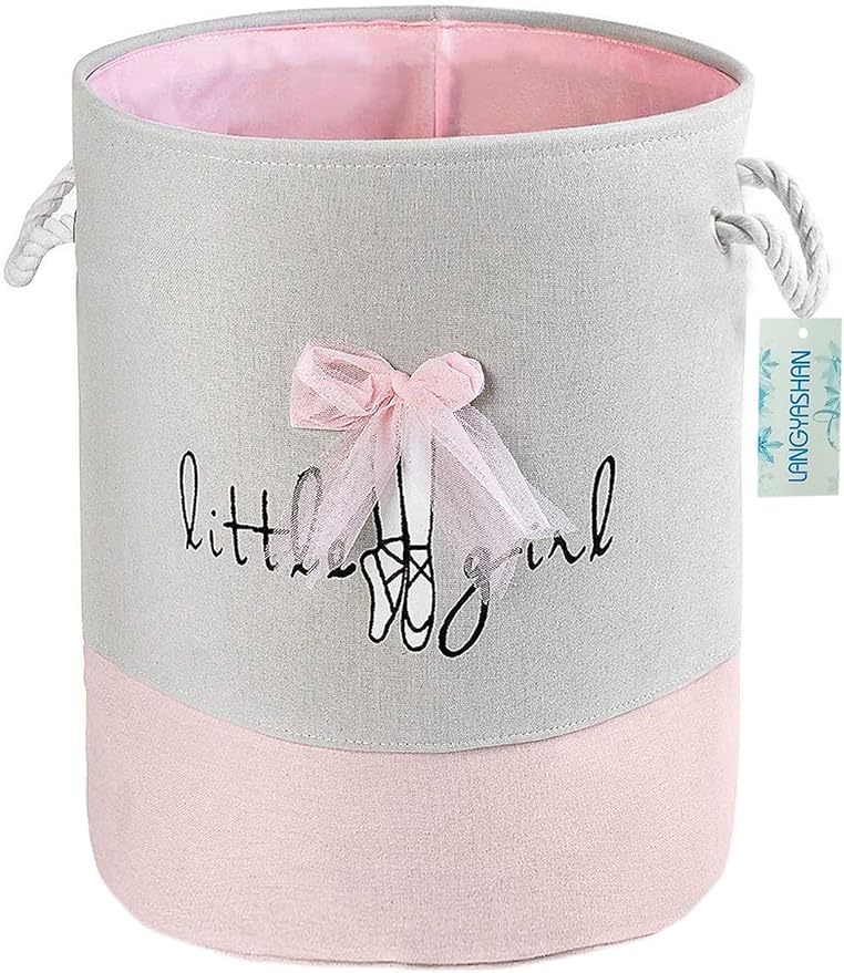 LANGYASHAN Laundry Basket Canvas Collapsible Organizer Storage Basket for Boys Girls Laundry Hamper Toy Bins Gift Baskets Bedroom Clothes Children Nursery (Pink Lace)