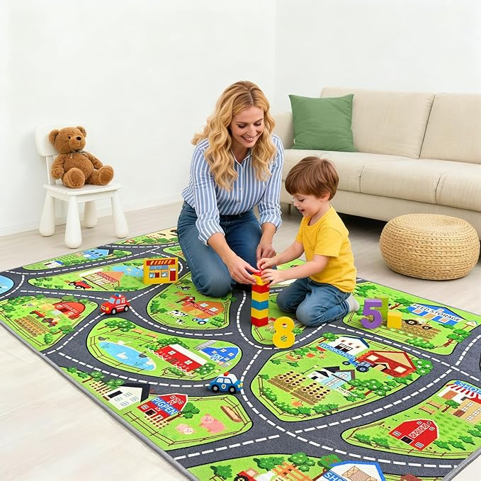 Farmyard Adventure Play Rugs, Educational and Fun Farm Play Mat for Kids, 4x6ft Non-Slip Playmat with Barns, Animals & Crops for Imaginative Play, Nursery, Playroom and Classroom