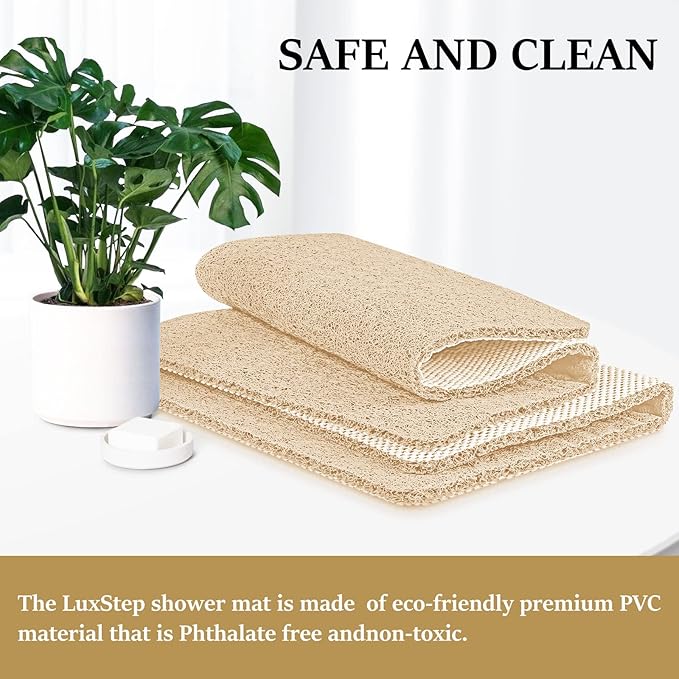 LuxStep Shower Mat Bathtub Mat,36x16 inch, Non-Slip Bath Mat with Drain, Quick Drying PVC Loofah Bathmat for Tub,Shower,Bathroom (Phthalate Free,Khaki)