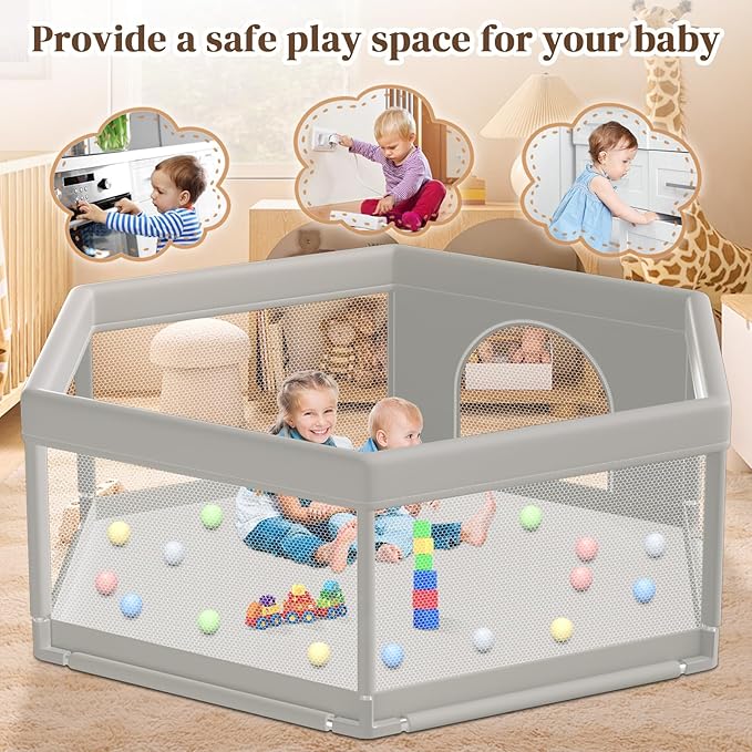 Hiaksedt Large Baby Playpen 65x65 Inch, PlayPen for Babies and Toddlers Hexagonal Type Baby Play Yards for Indoor & Outdoor with Breathable Mesh Anti-Fall