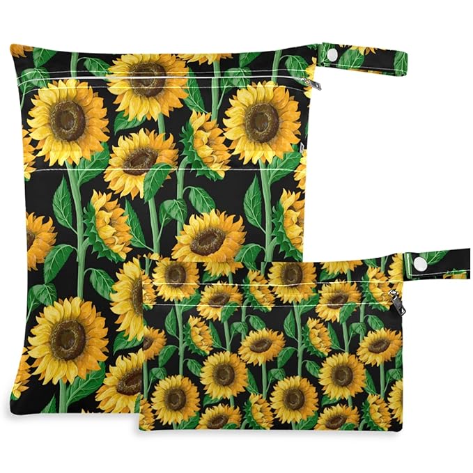 visesunny Sunflower 2Pcs Wet Bag with Zippered Pockets Washable Reusable Roomy for Travel,Beach,Pool,Daycare,Stroller,Diapers,Dirty Gym Clothes, Wet Swimsuits, Toiletries