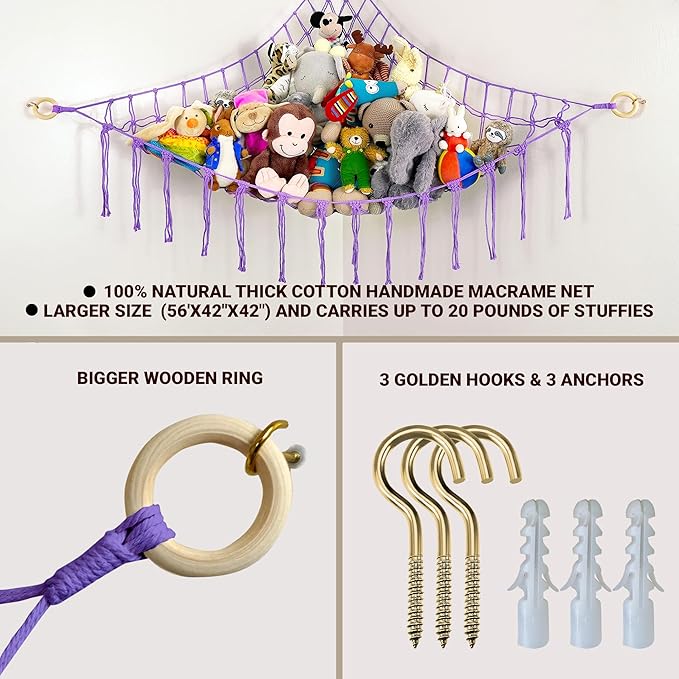 ABBY BABY Large Stuffed Animal Hammock Corner - Stuffed Animal Storage - 100% Natural Cotton Macrame Stuffed Animal Net - Stuff Animal Organizer - Net For Stuffed Animals Corner Large - Purple