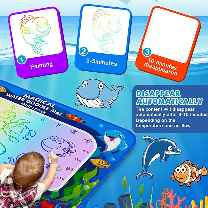 Water Doodle Mat for Kids 32x40 Inch, Mess Free Coloring Mat Educational Toy for 3 4 5 6 7 8 Years Old Girls & Boys, Neon Color Mat Doodle Board Writing Drawing Toys Holiday Christmas Birthday Gifts