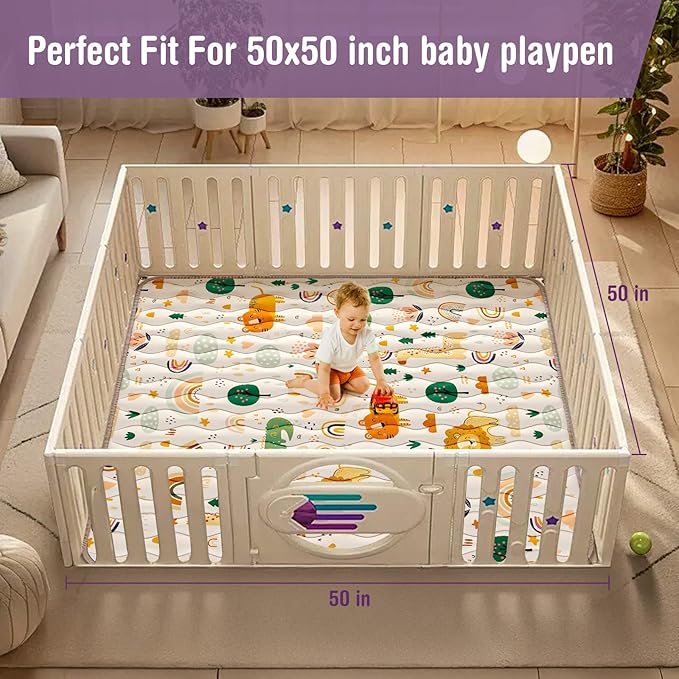Baby Play Mat for Floor, Thick Soft 50" X 50" Baby Floor Play Mat, Machine Washable and Non-Slip Baby Play Mats, Waterproof Crawling Play Mat for Babies, Toddlers & Infants, Rainbow and Animal