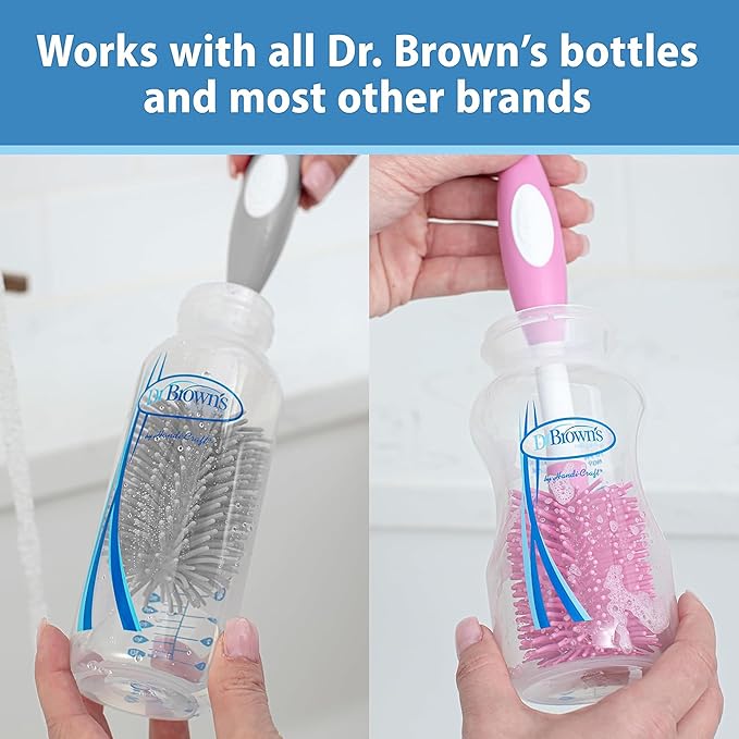 Dr. Brown's Soft Touch No Scratch Baby Bottle Cleaning Brush Nipple Cleaner with Stand and Storage Clip, BPA Free, Pink (Pack of 2)