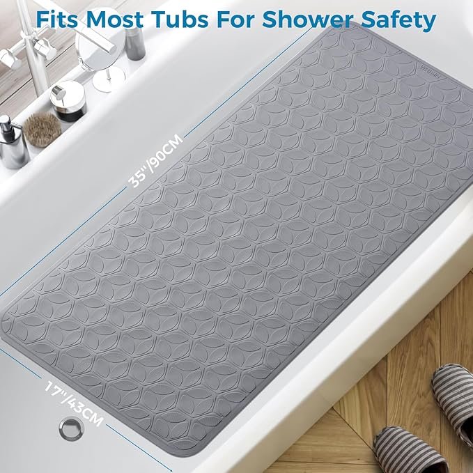 Bathtub Mat Non Slip with Suction Cups - 100% Rubber Bathroom Mat Textured for Bath Tub Shower Safety - Soft on Touch - BPA/PVC Free - Pet Dog Bath Mat - Machine Washable - 17 × 35 Inch（Gray）