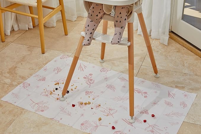 Food Catcher Splat Mat for Underneath Highchair | Premium Durable Material | Biodegradable | Disposable (30 Count)| Compatible with All Highchairs | Baby Food Mess Catcher- (Rose Wildflower)