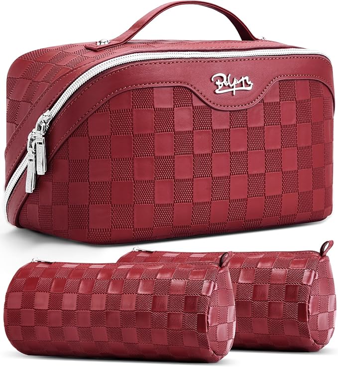 BOYATU Travel Makeup Bag Organizer Cosmetic Bag: 3 Pcs Set Make up Bags for Women with Handle - Waterproof Vegan Leather Toiletry Bags Travel Essentials Pouch with Compartments (03-A-Red)