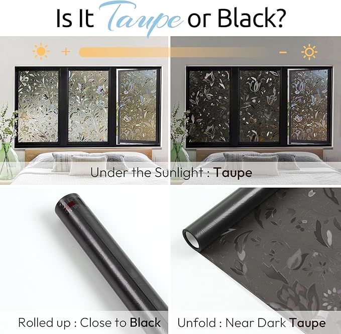 rabbitgoo Window Privacy Film, Decorative Stained Glass Window Film, Heat Blocking Glass Clings, Renter-Friendly Static Cling Frosted Sticker Covering for Home, Taupe Tulip 17.5" x 157.4"