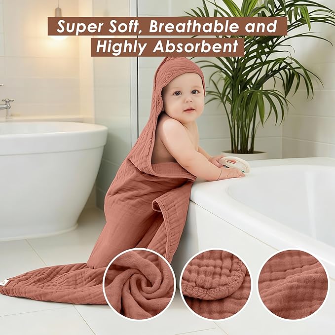 3-Pack Muslin Hooded Baby Towels, 100% Cotton, Ultra-Soft & Absorbent Baby Bath Towels with Hood for Babies, Infant, Toddler and Newbron (Bean Paste Series,32" x 32")