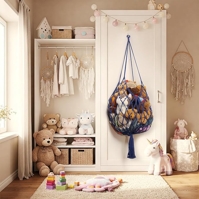 Stuffed Animal Storage Hammock Corner Hanging Net Stuffy Animal Hammock Macrame Toy Display Plush Toy Holder for Kid Bedroom Decor Boho Nursery Playroom Organizer (Blue)