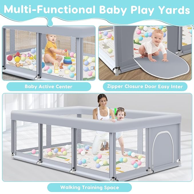 Fshibila 74" ×50" Large Baby Playpen, Baby Playard for Babies and Toddlers, PlayPen for Indoor & Outdoor, Sturdy Safety Play Yard with Soft Breathable Mesh, Ball x 18, Handle x 2, Mat x 1, Grey