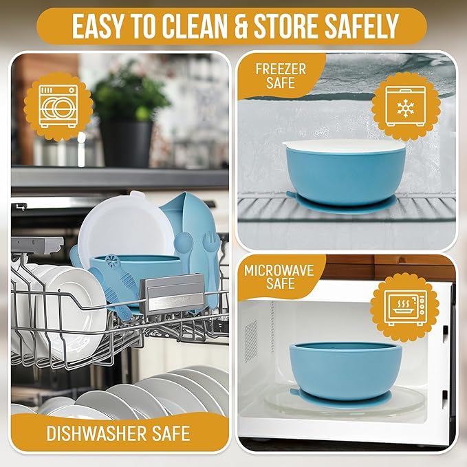 6 Piece Baby Bowls With Suction and Lids | Toddler Bowl Set with 1 Bowl, 1 Bib, 2 Baby Spoons, 1 Large Spoon, 1 Large Fork, Baby Feeding Essentials (1, Light Blue)