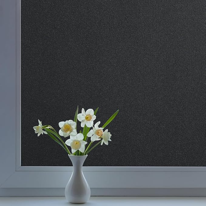 DOWELL Blackout Window Film, 100% Light Sun Blocking Static Cling Frosted Privacy Film for Glass, Heat Control Removable Window Tint, Room Darkening Cover for Day Sleep, Black, 35.4" x 118"