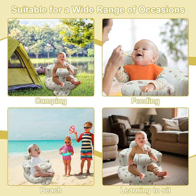 Inflatable Baby Seat for Babies 3-36 Months, Baby Chair with Fence & Built in Air Pump, Blow Up Floor Baby Seat with Back Support, Inflatable Baby Chair Sit Me Up for Home Bear-Tray