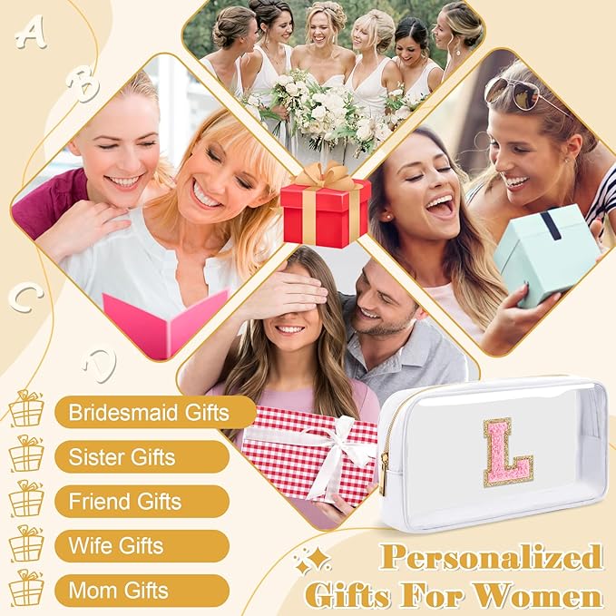 Personalized Initial Letter Clear Makeup Bag,Preppy Small Nylon&PVC Cosmetic Zipper Bag with Chenille Letter,Travel Skincare Toiletry Bag,Monogram Christmas Gift for Teen Girls Women,L