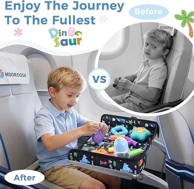 COOLBEBE Airplane Tray Table Cover, Foldable Travel Tray Cover for Toddlers 1-3, Universal Fit for Airplane, Car Seat, High Chair, Machine Washable, Portable, Black Dinosaur