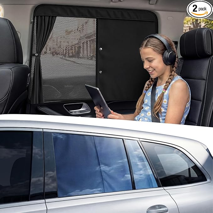 Nmoiss [2026 Upgraded] Car Window Shades for Baby [Blocks 100% UV & Harsh Sunlight] (2 Pack) Double Layer Side Window Curtains Roll Windows Down Privacy Full Covers/Half Shade Options Large