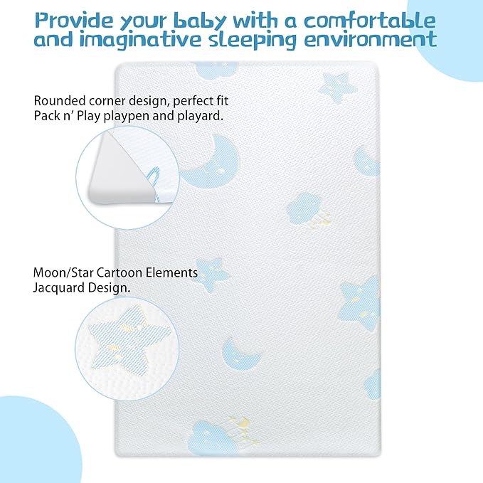 Pack and Play Mattress Pad, Portable Crib Pack N Play Mattresses, 38" x 26" x 1.5" Jacquard Playpen Mattress for Travel Soft Breathable Play Yard Mattress with Washable Cover (Moon/Star)