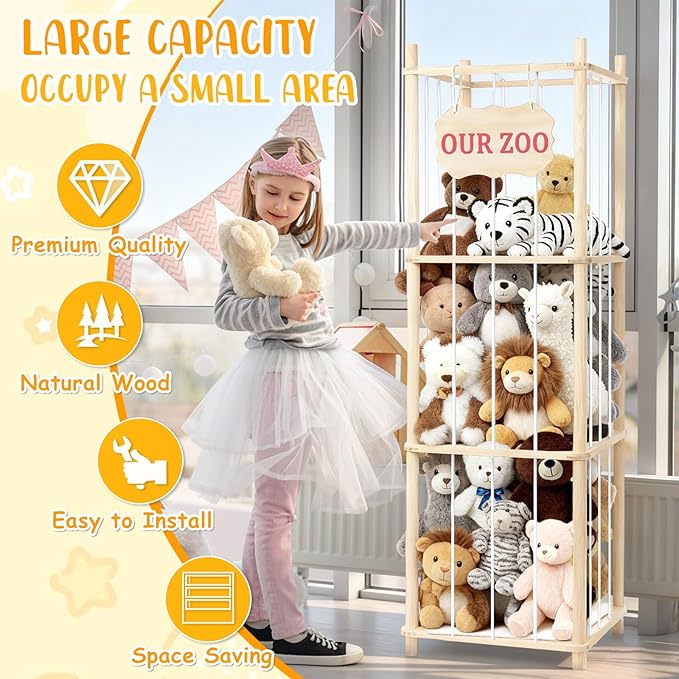 Stuffed Animal Storage & Organizer, Wooden Large Capacity Stuffed Animal Zoo with Elastic Cords, Sturdy Space-Saving Plushie Toy Shelf Cage Tower for Nursery Playroom Bedroom 54 in, Easy to Install