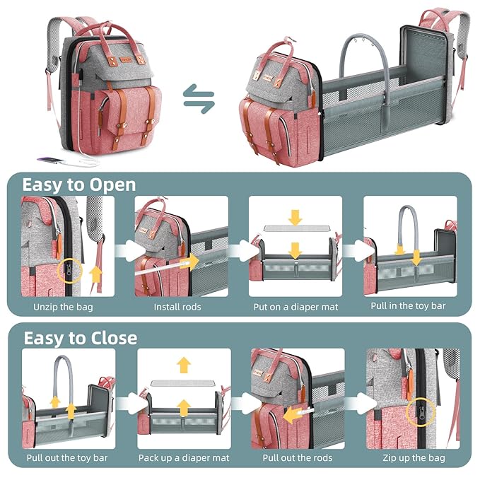 ISMGN Diaper Bag Backpack with Changing Station, Large Diaper Bag, Baby Bag, Multifunctional Diaper Bag, Pinkgray