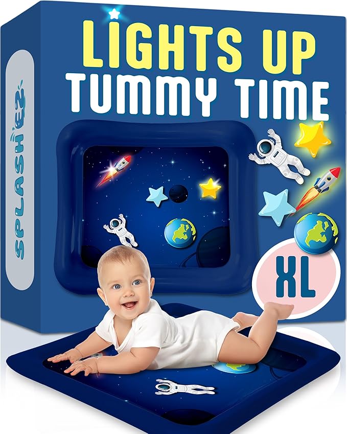 SplashEZ Lights Up Tummy Time Water Mat for Babies, Large Baby Water Mat Tummy Time for Sensory Play with LED Glowing Fishes, Inflatable Fun Play Pad for Infants & Toddlers 3 to 36 mo