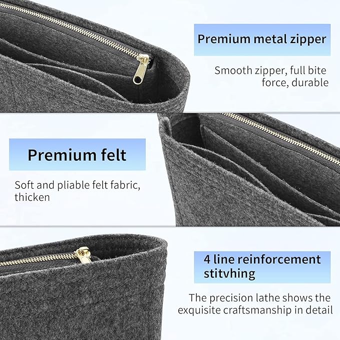 LOUKAYCCI Felt Insert Purse Organizer with Zipper fit GG Marmont Matelasse Shoulder Bag, Organizer Handbag Tote Liner Pouch for Women Inner Bladder Bag Storage Bag (Medium, Grey), GG2-Grey-Medium