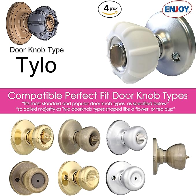 New Enjoy Cover - Door Knob Cover Grips Non Slip Arthritis & Senior Living Aids Grippy Easy Open Decorative. Simple Functional Effective Solution- 4 Pack (White, Tylo)