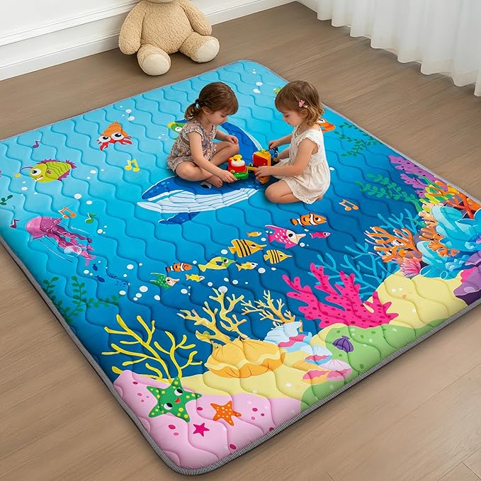 Baby Play Mat for Floor, 71'' x 59'' Thicken Foam Soft Padded Mat for Baby, Playpen Mat for Toddlers Infant Kids, Machine Washable, Non-Slip Bottom Safe for Crawling (Sea)