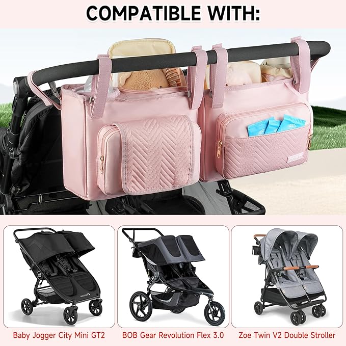 Double Stroller Caddy Compatible with Bob Duallie,Baby Jogger City Mini Gt2 and Zoe Twin V2,Double Stroller Parent Console with Cooler Bag and Cup Holder,Pink