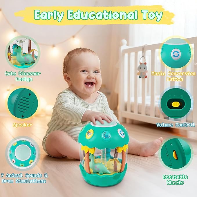 M SANMERSEN Baby Boy Toys 6-12 Months, Dinosaur Rotating Light Up Musical Baby Toys for 0-6 12-18 Months Newborn Infant Crawling Tummy Time Toys, Birthday Xmas Valentines Day Baby Boy Gifts - Green