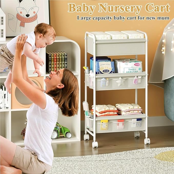 3-Tier Baby Diaper Caddy Cart Organizer,Mobile Nursery Storage Carts with Wheels,With 2 Dividers&14 Mesh Pockets Durable Metal Utility Cart for Nursery, Bedroom, Bathroom, Baby Essentials Organization